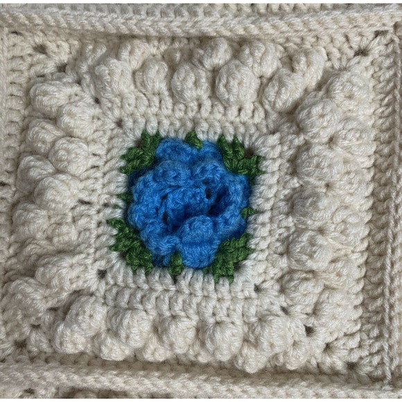 Handmade Granny Square Afghan Throw Blanket Hand Crochet 3D Flowers 51" x 70" - Picture 6 of 6